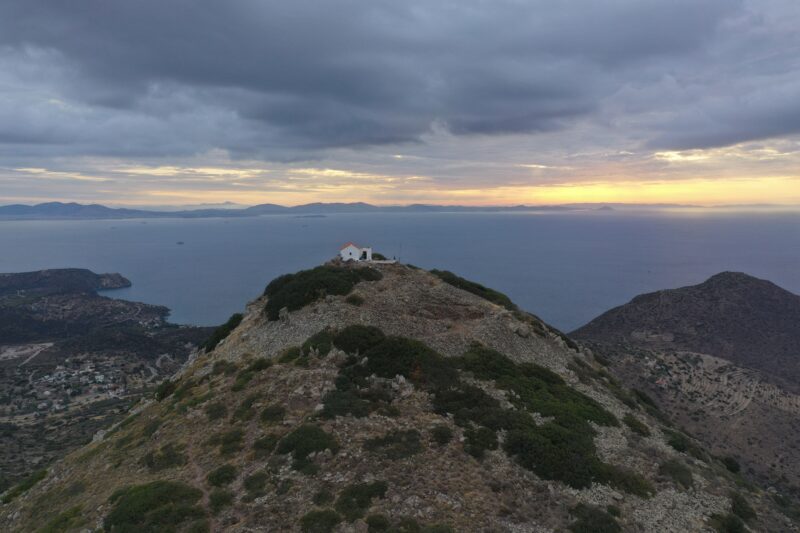 Hellanion Oros with the Ascension chapel. Ιn the background Attica and behind it mount Ochi on Euboea.